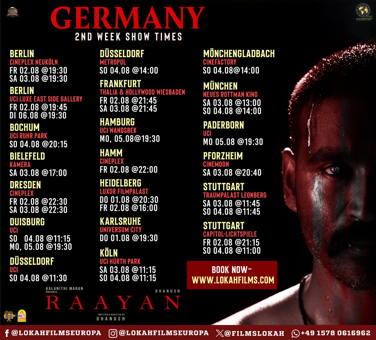 Check #germany #france 2nd Week Cinemas. Book your tickets.
#RaayanMegaBlockbuster in cinemas near you!

<a href="/dhanushkraja/">Dhanush</a> <a href="/arrahman/">A.R.Rahman</a> <a href="/iam_SJSuryah/">S J Suryah</a> <a href="/selvaraghavan/">selvaraghavan</a>
<a href="/kalidas700/">kalidas jayaram</a> <a href="/sundeepkishan/">Sundeep Kishan</a> <a href="/prakashraaj/">Prakash Raj</a>  <a href="/officialdushara/">Dushara</a>
<a href="/Aparnabala2/">Aparna Balamurali</a> <a href="/varusarath5/">𝑽𝒂𝒓𝒂𝒍𝒂𝒙𝒎𝒊 𝑺𝒂𝒓𝒂𝒕𝒉𝒌𝒖𝒎𝒂𝒓</a> #Saravanan  <a href="/omdop/">OM PRAKASH.ISC</a> <a href="/editor_prasanna/">Prasanna.G.K</a>