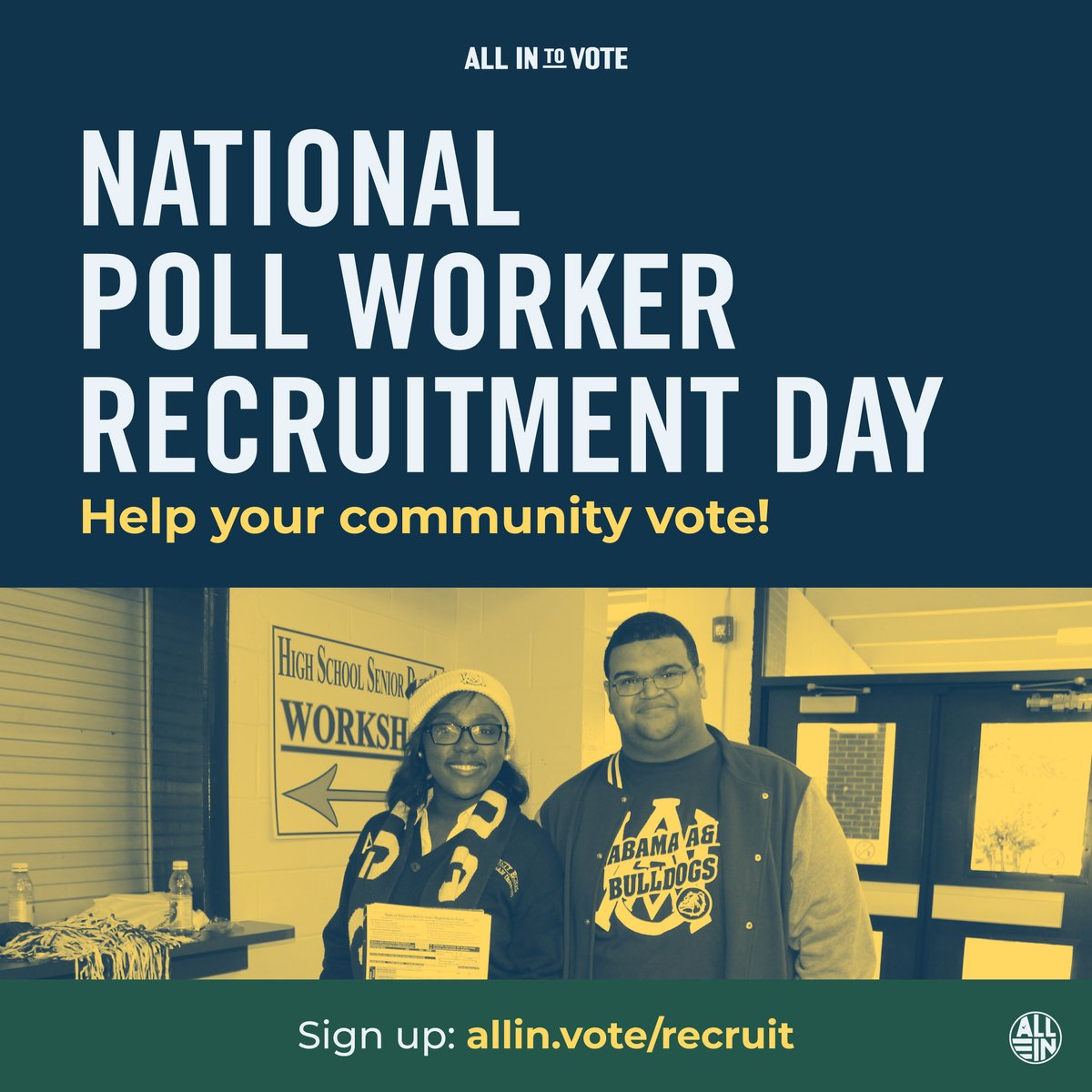 ALL IN Campus Democracy Challenge (@allintovote) on Twitter photo Our democracy needs you! This Poll Worker Recruitment Day, sign up to <a href="/powerthepolls/">Power the Polls</a> in your community! Together, we keep democracy strong. #PollWorkerRecruitmentDay
Sign up to be a poll worker today: allin.vote/recruit Our democracy needs you! This Poll Worker Recruitment Day, sign up to <a href="/powerthepolls/">Power the Polls</a> in your community! Together, we keep democracy strong. #PollWorkerRecruitmentDay
Sign up to be a poll worker today: allin.vote/recruit