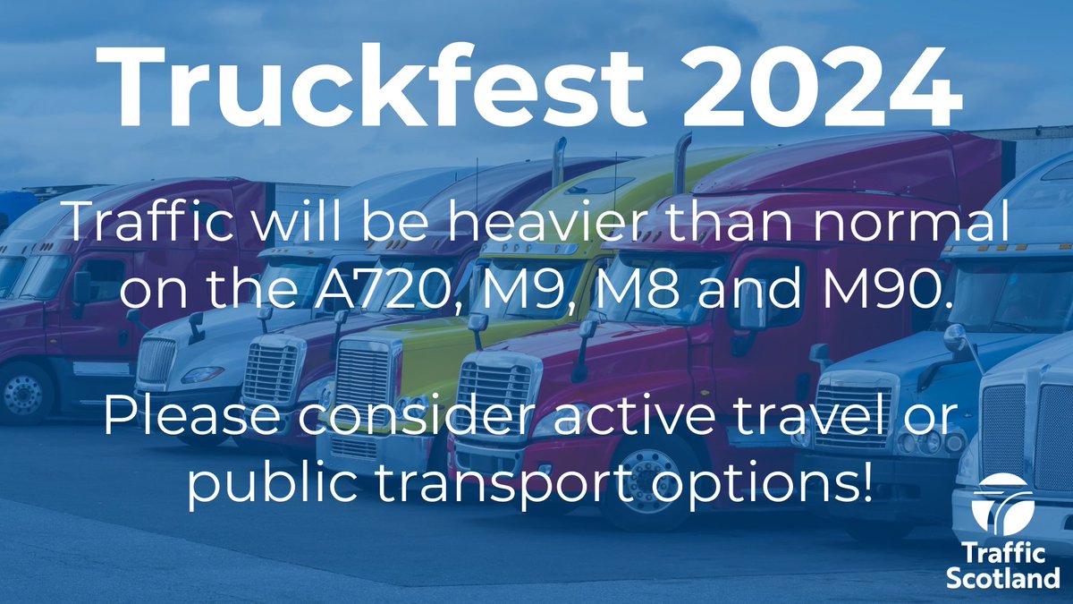 Be sure to have a WHEELY good journey to Truckfest this weekend at the <a href="/HighlandCentre/">RoyalHighlandCentre</a>🚛 

We expect traffic to be heavier than normal on the #A720 #A90 #A8 #M8 and #M90.  

Consider active travel or public transport🚶🚍🚆

More Info👉 bit.ly/3y9Uu81 

<a href="/SETrunkRoads/">BEAR SE Trunk Roads</a>