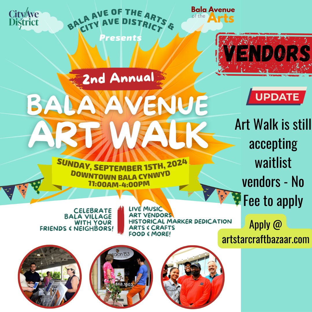 philly artblog (@theartblog) on Twitter photo Bala Avenue of the Arts, Art Star & City Ave District are hosting their 2nd Annual Bala Avenue Art Walk on September 15th from 11am until 4pm. Vendors are encouraged to apply (no fee).
<a href="/cityavedistrict/">City Ave District</a>
@artstarphilly
#artbazaar #balaave #artwalk #cityavedistrict #artmarket Bala Avenue of the Arts, Art Star & City Ave District are hosting their 2nd Annual Bala Avenue Art Walk on September 15th from 11am until 4pm. Vendors are encouraged to apply (no fee).
<a href="/cityavedistrict/">City Ave District</a>
@artstarphilly
#artbazaar #balaave #artwalk #cityavedistrict #artmarket
