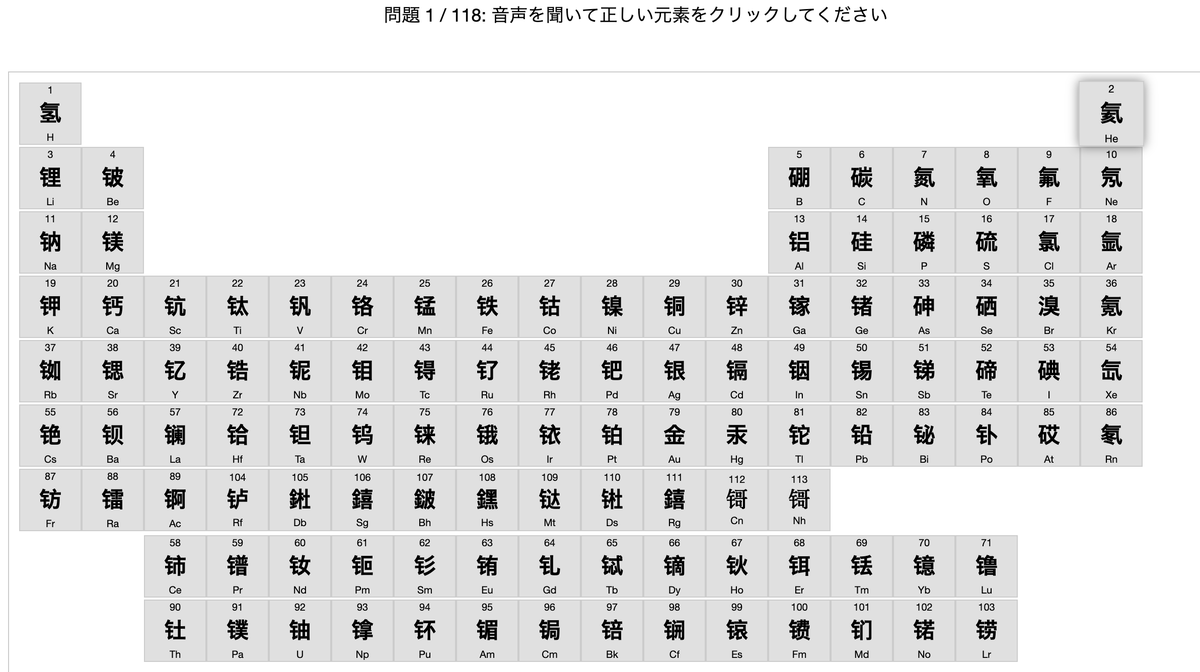 cnstation's tweet image. ちょっと無になりたい気分だったので、せこせこつくってみました。誰も求めていない、中国語周期表リスニング。118点取れるもんならとってみな。はっきりいって激ムズ。（まだバグあるかもしれないので、あったらコメント欄に〜スマホは未検証）

ch-station.org/contents/Perio…

#中国語学習
#元素
#周期表