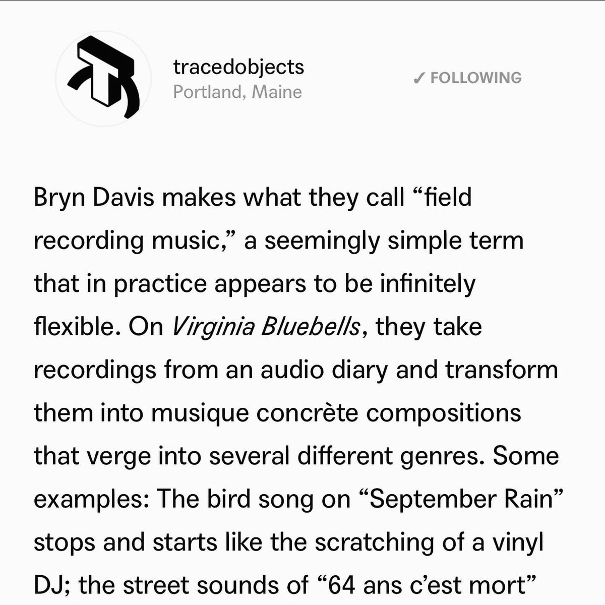 bdavbdavbdav's tweet image. hooooly moly 🥹 incredibly happy to find that my album on @tracedobjects, Virginia Bluebells, was included in the best field recordings of July '24 on @bandcamp!  If you feel so inclined, take a listen through and maybe even pick up one of these lovely tapes :)