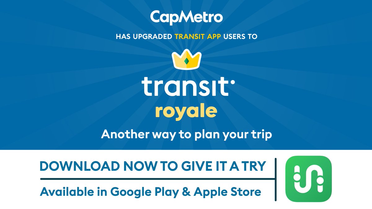 #CapMetro has partnered with <a href="/transitapp/">Transit</a> to help improve the experience for our riders. Get accurate arrival times and plan your trip from start to finish. Customers are automatically upgraded to Transit Royale! 👑🚍  

Try it out today: capmetro.org/transitapp