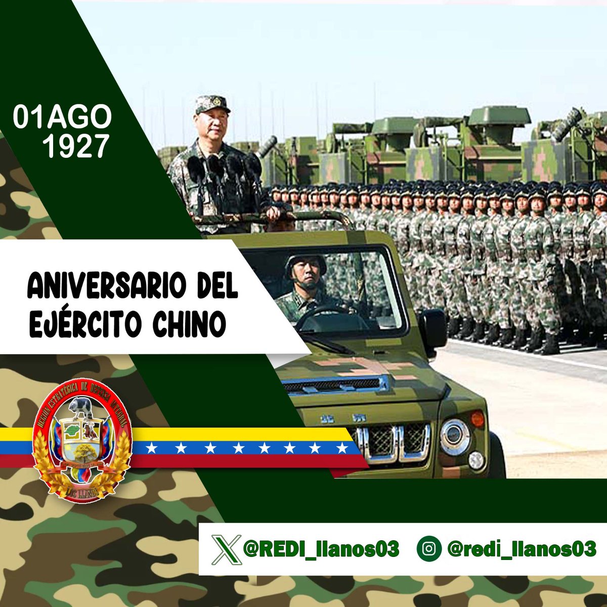 REDI_llanos03's tweet photo. #01Ago ||En el 97º Aniversario del Ejército Popular de Liberación de China. Recordemos el sacrificio y la valentía de quienes lucharon por la libertad y la justicia en tiempos difíciles. Honremos su legado y sigamos trabajando juntos por un futuro mejor para todos. https://t.co/95T2X11LiY