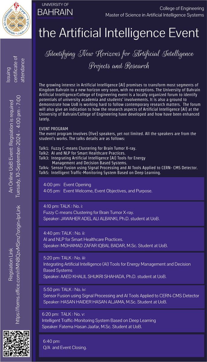Ebrahim A Mattar (@dr_e_mattar) on Twitter photo University of Bahrain/ College of Engineering Artificial Intelligence event … <a href="/uobedubh/">جامعة البحرين - University Of Bahrain</a>
10 September 2024.
forms.office.com/r/MN8QzvMSmz?o… University of Bahrain/ College of Engineering Artificial Intelligence event … <a href="/uobedubh/">جامعة البحرين - University Of Bahrain</a>
10 September 2024.
forms.office.com/r/MN8QzvMSmz?o…