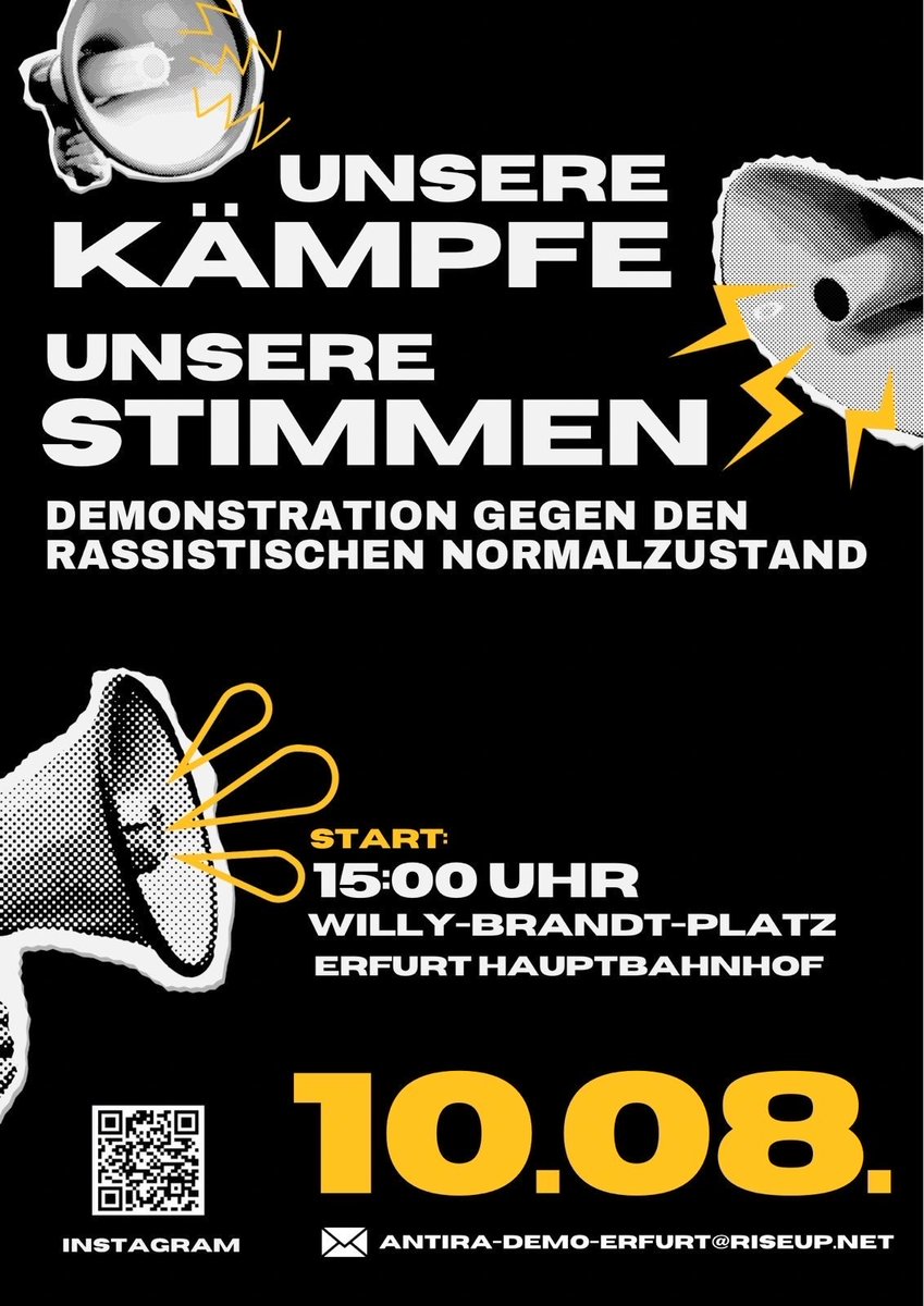 SeebrueckeEF's tweet photo. Unsere Kämpfe, unsere Stimmen - gegen den rassistischen Normalzustand! 💜✊🏾

⏰ Samstag, 10. August 15:00 Uhr
📍#Erfurt Hauptbahnhof

Kommt zur großen antirassistischen Demo. Bitte lest &amp; verbreitet den Aufruf der Organisator:innen! ⬇️

Mehr Sprachen: https://t.co/1Y1GBY9RrM
1/10 https://t.co/JBHFojXYR0