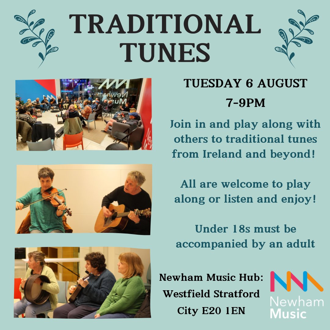 NewhamMusic's tweet image. "Newham Music teacher Emma Scarr hosts a free folk session on Aug 6, 7:00 pm - 9:00 pm! 🎶 Bring your instrument and join in with tunes from Ireland and beyond. 18+ welcome! 🌍 #FolkMusic #CommunityJam #MusicSession"