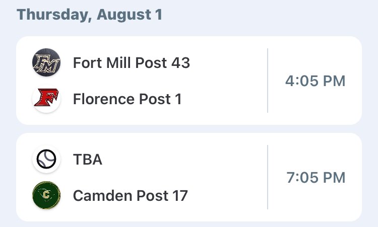 Championship Day at the 2024 SCALB State Championships at Sparrow Stadium <a href="/FMUSports/">FMU Sports</a> 

1st Game at 4:05pm with Championship game to follow at 7:05. 

Winner advances to the ALB Southeast Regionals. 

<a href="/legionbaseball/">Legion Baseball</a> 
<a href="/FortMillPost43/">Fort Mill Post 43 American Legion Baseball</a>
<a href="/Post1Baseball/">Florence(SC) Post 1</a> 
<a href="/P17Baseball/">Camden Post 17ers</a>