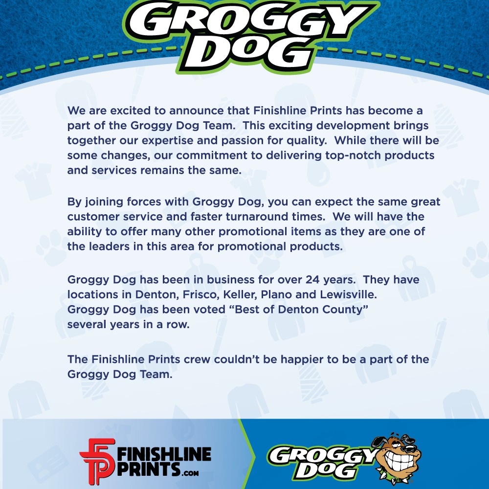 Exciting news! FinishLine Prints is now part of the Groggy Dog Team! Together, we’re committed to delivering the same top-notch products and services with improved customer service &amp; faster turnaround times. Welcome to the team! #Teamwork #ExcitingNews