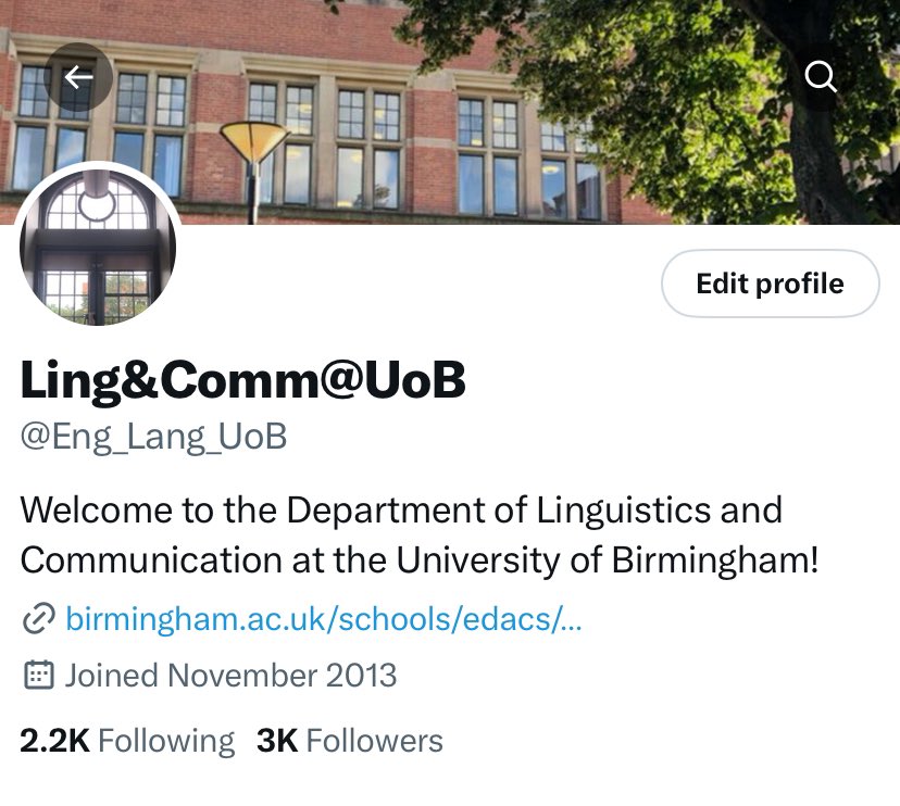 Ling&Comm@UoB (@eng_lang_uob) on Twitter photo From today, we have a new department name. Welcome to the Department of Linguistics and Communication at <a href="/unibirmingham/">Uni of Birmingham</a>! From today, we have a new department name. Welcome to the Department of Linguistics and Communication at <a href="/unibirmingham/">Uni of Birmingham</a>!