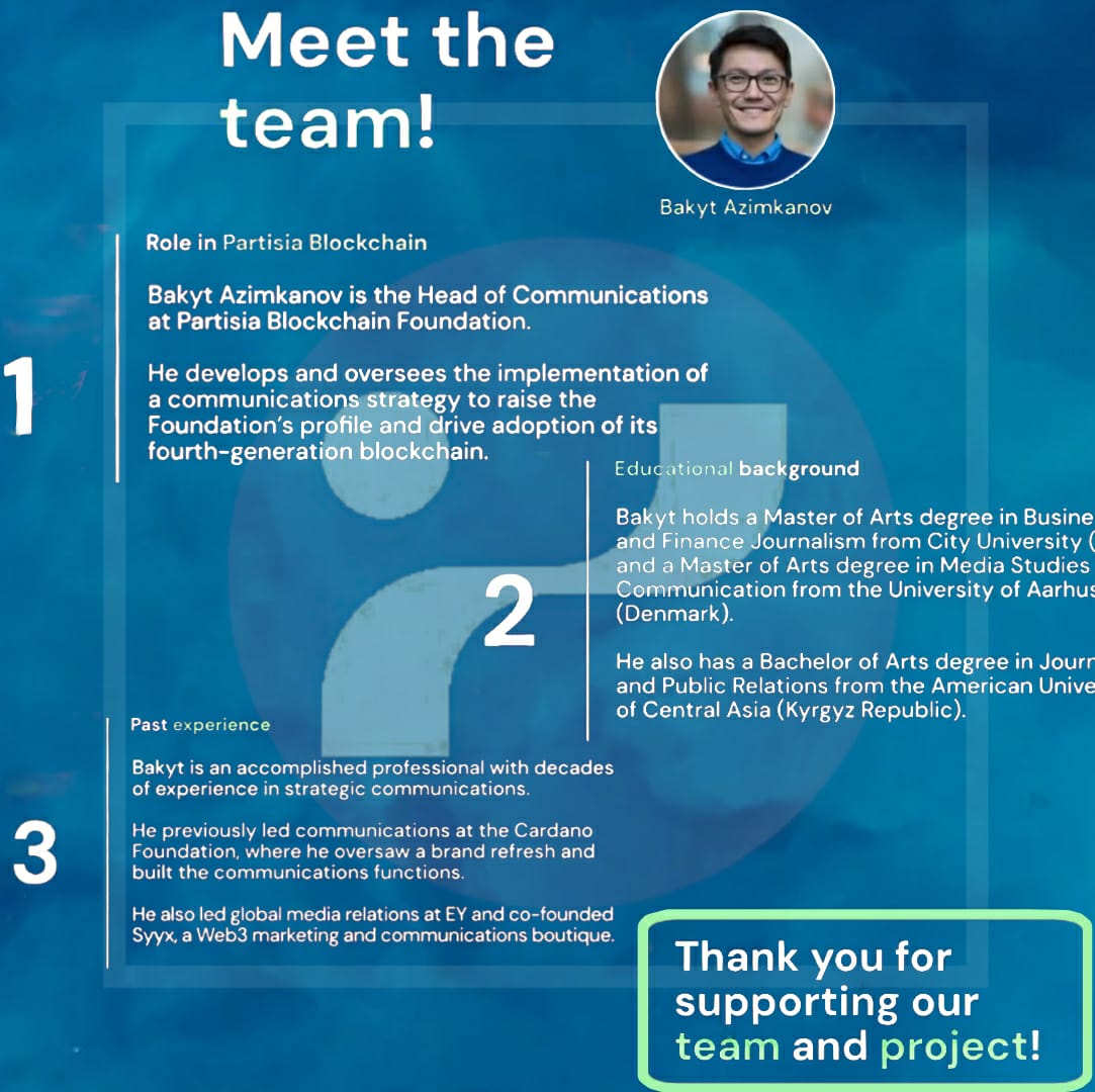 Faicelwa123's tweet photo. 🚨Meet @Bakyt_AA, our Head of Communications! 🔥 With vast experience in strategic communications and leadership at Cardano Foundation and EY, Bakyt champions the adoption of Partisia Blockchain’s cutting-edge solutions🔥
#PartisiaBlockchain #PBCTeam @partisiampc $MPC #Layer1 https://t.co/qXdJpMy0BO