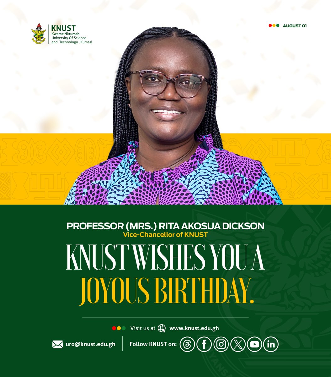 KNUSTGH's tweet photo. 🎊KNUST celebrates Professor (Mrs.) Rita Akosua Dickson, Vice-Chancellor on her birthday today! Here’s to a year of happiness, success, and new opportunities!🎊🥂
#KNUSTVC #happybirthday https://t.co/WxhZzFtdSI