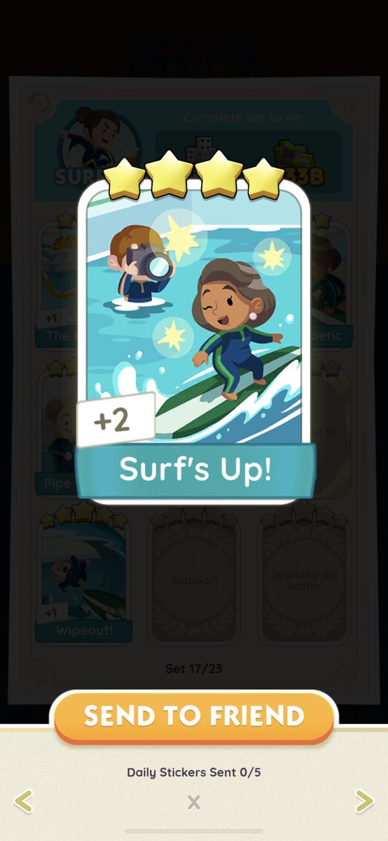 glassicle's tweet photo. wtt lft monopoly go stickers trading 
#MonopolyGoTrade 

have: 
worth it
surf’s up!
hello you
proper shopper

want:
strong numbers (PRIO)
calamity! (PRIO)
locked in
lucky shot
tuning in
ftht
sabre stars

1:1 trading only! 
only trading 4* for 4*
dm/reply to trade https://t.co/2i3hp5XBgM