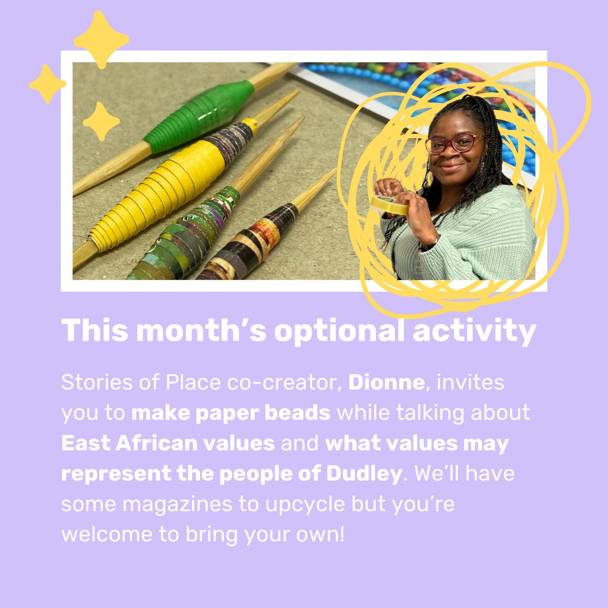 Next week, Lorna invites you to find nature patterns + you can explore your own experiment or join Dionne in making paper beads while talking about East African and Dudley values - just sign up for 6-8pm Tuesday 6 August: eventbrite.co.uk/e/stories-of-p…
