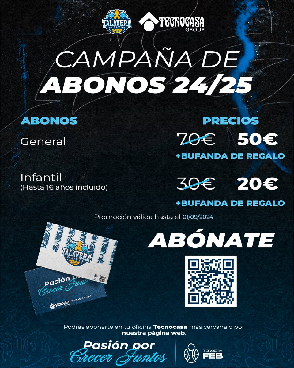💙 #PasiónPorCrecerJuntos🏀 🤍

ℹ️ ¡Comienza la campaña de abonos de la temporada 2024-2025!

🔹 Promoción de descuento en tu abono + Bufanda de regalo hasta 01/09/2024.
🔹 Abónate escaneando el QR, en nuestra página web o en tu oficina Tecnocasa más cercana.