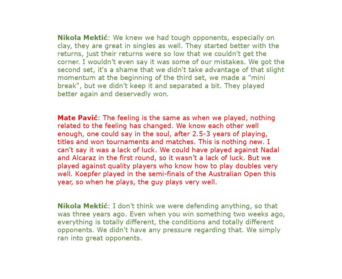MekticPavicFans's tweet image. Here it is the English translation of a short interview by Mate and Nikola after losing their first round at the Olympics.
#Mektic #Pavic #Tennis #Paris2024 #Olympics #HTS