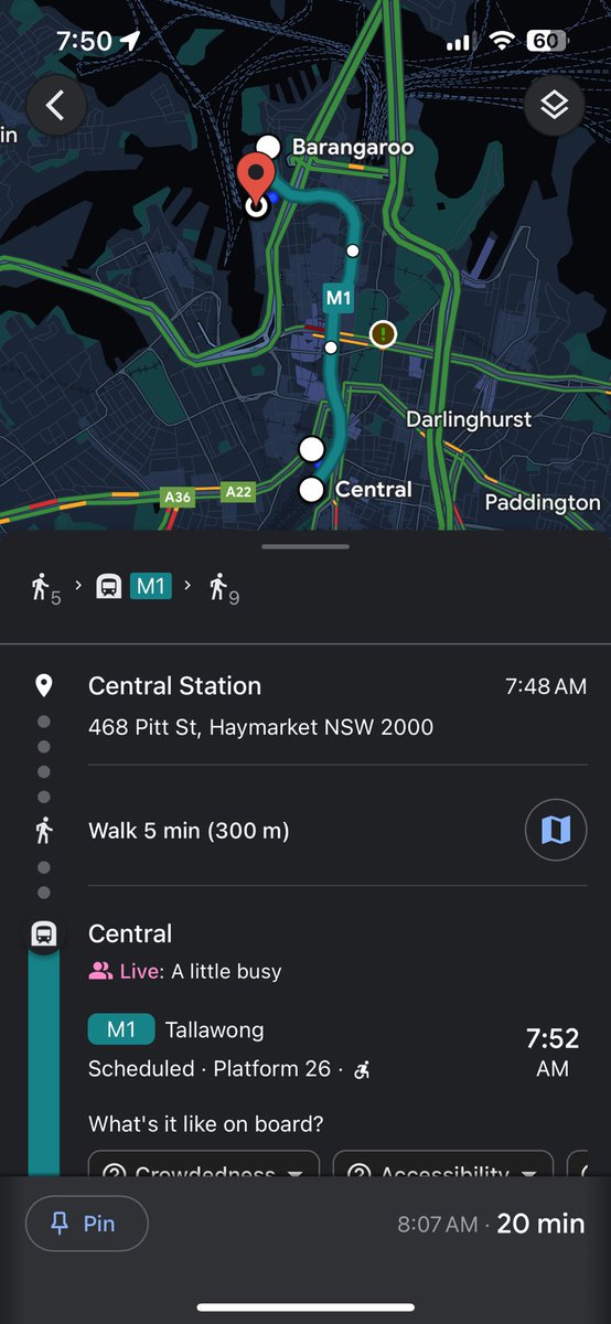 scrypton's tweet photo. Google Maps suggests Metro rail as transport option in Sydney CBD starting this Sunday and beyond, despite its delayed launch, creating confusion. @abcnews @smh @TheDailyAus https://t.co/z9eSsTQSh4