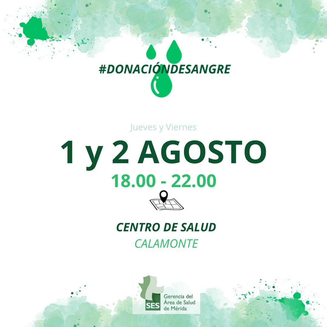 AreaSaludMerida's tweet photo. 📢 DONACIÓN SANGRE:
📅 Jueves 1 y 2 de Agosto
⏰ de 18.00 a 22.00
📍 Centro de Salud Calamonte
Te esperamos!
@saludEXT
#Calamonte #areasaludmerida #donacionsangre #ses #extremadura https://t.co/ayNcPYmmut