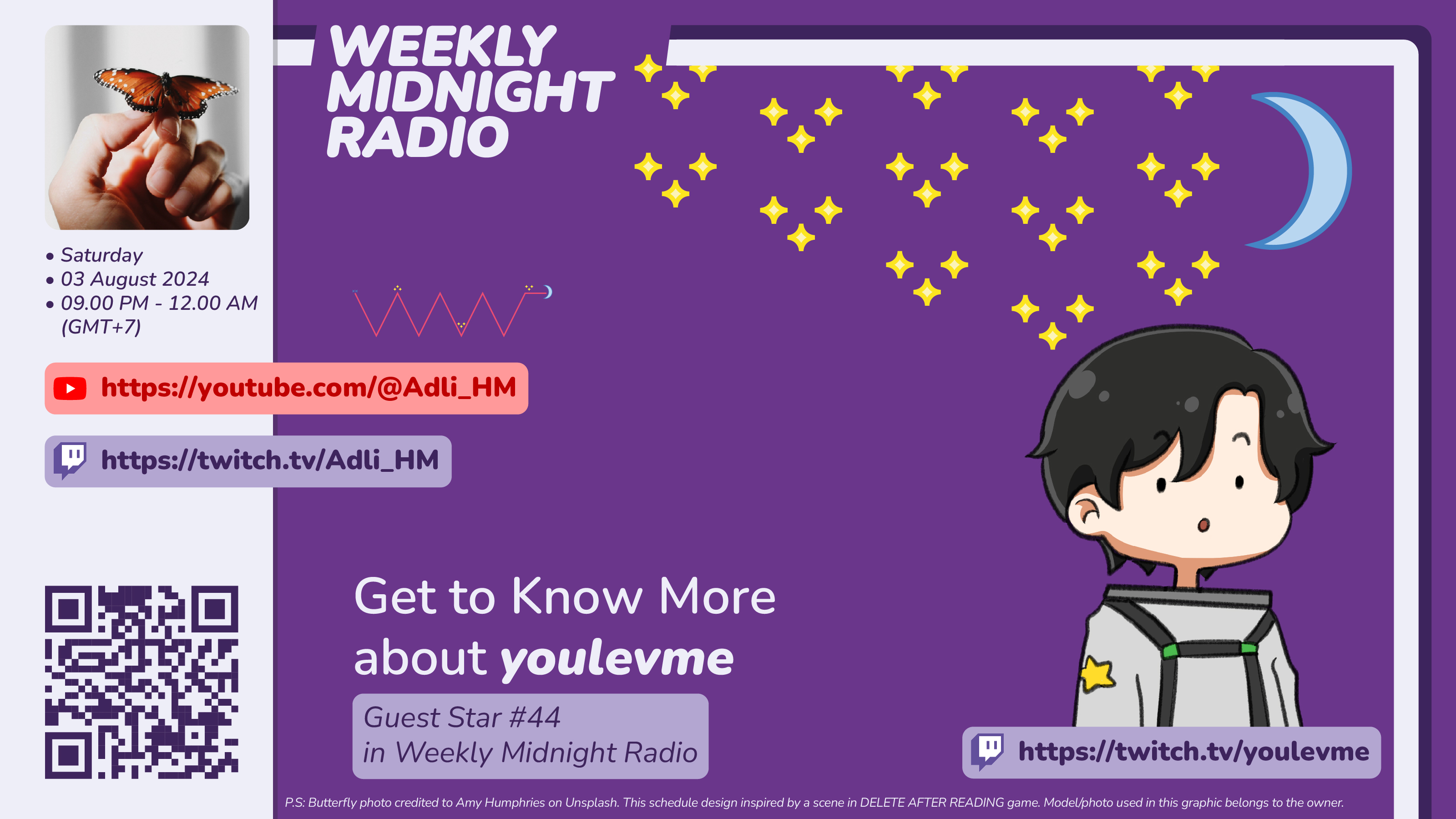 Promotional media for Weekly Midnight Radio Episode 50, with a guest star, youlevme.