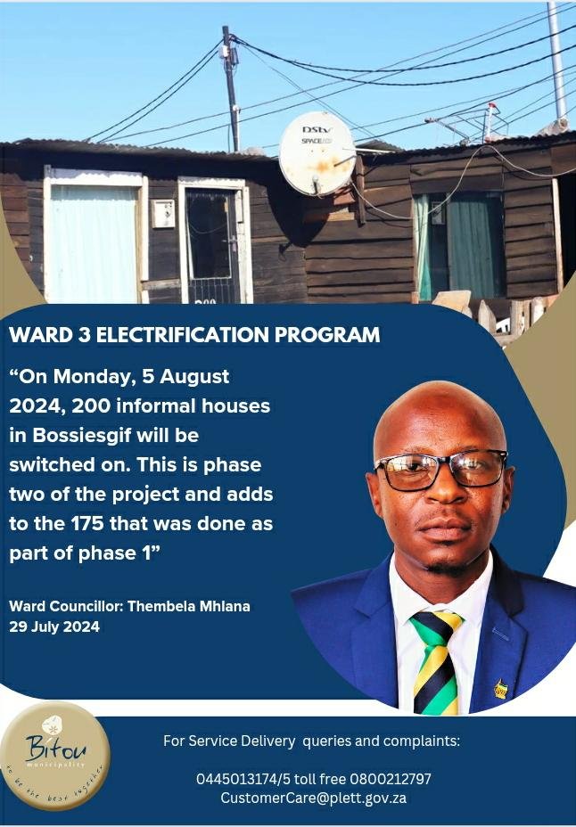 bitou_muni's tweet image. On Monday, 5 August 2024, just under 200 informal houses in Bossesgief will be connected to the power grid. This is phase 2 of the project after 175 were connected in phase 1.

#BitouServiceDelivery #BitouServices