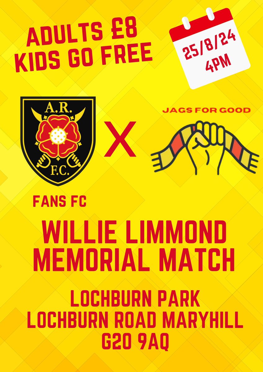 On August 25th, An Albion Rovers Fans XI will take on <a href="/JagsForGood/">Jags For Good</a> at <a href="/Maryhill_FC/">Maryhill FC</a> in a match in memory of Willie Limond with all the proceeds going to <a href="/scottishautism/">ScottishAutism</a> and <a href="/shelterscotland/">Shelter Scotland</a> 

We’ll have more information, including some former players that will be taking part.
