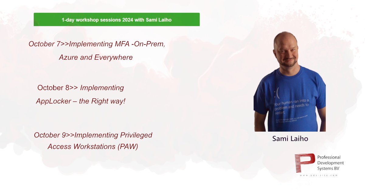ProfDevSys (@profdevsys) on Twitter photo Come and join one of the Super focused workshops with <a href="/SamiLaiho/">Sami Laiho</a> this fall!
We offer the following in October:
- Implementing MFA On-Prem and Azure
- AppLocker
- Privilege Access Workstation-PAW
For more information and registration>>bit.ly/46Uol0x Come and join one of the Super focused workshops with <a href="/SamiLaiho/">Sami Laiho</a> this fall!
We offer the following in October:
- Implementing MFA On-Prem and Azure
- AppLocker
- Privilege Access Workstation-PAW
For more information and registration>>bit.ly/46Uol0x