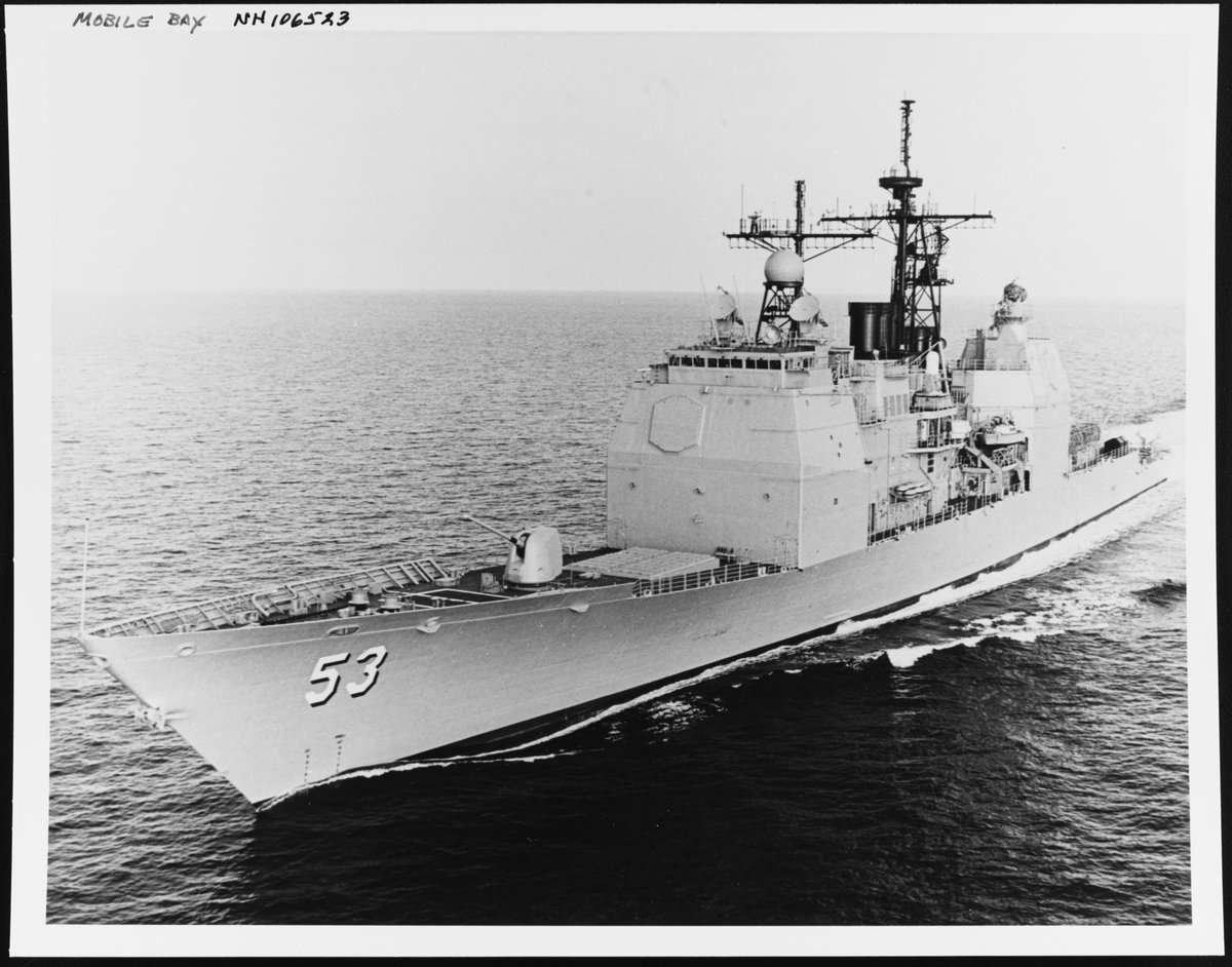 r116440's tweet photo. ⚓️🇺🇸 @USNavy Ticonderoga class #cruiser USS Mobile Bay (CG-53) in the Gulf of Mexico during sea trials, Jan 1987. Commissioned Feb 1987, decommissioned Aug 2023 #warship #navy #naval #CG53 https://t.co/BUdEqKi5kN