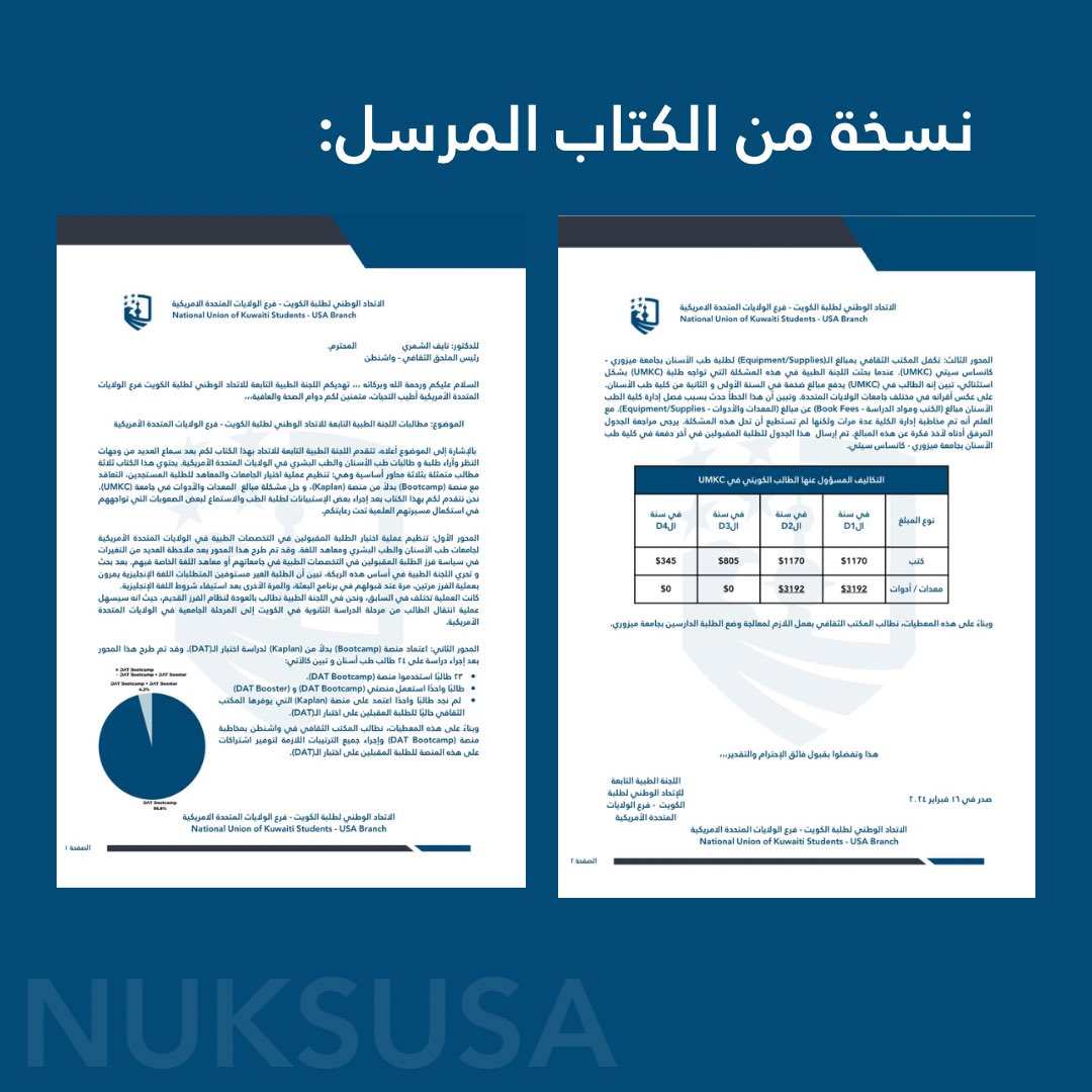 هام/ بعد مطالبة الاتحاد الوطني لطلبة الكويت -فرع الولايات المتحدة الامريكية تم الموافقة بتكفل المكتب الثقافي بمبالغ (Equipment/ Supplies) لطلبة طب الأسنان بجامعة UMKC

#NUKS24
#NUKSUSA