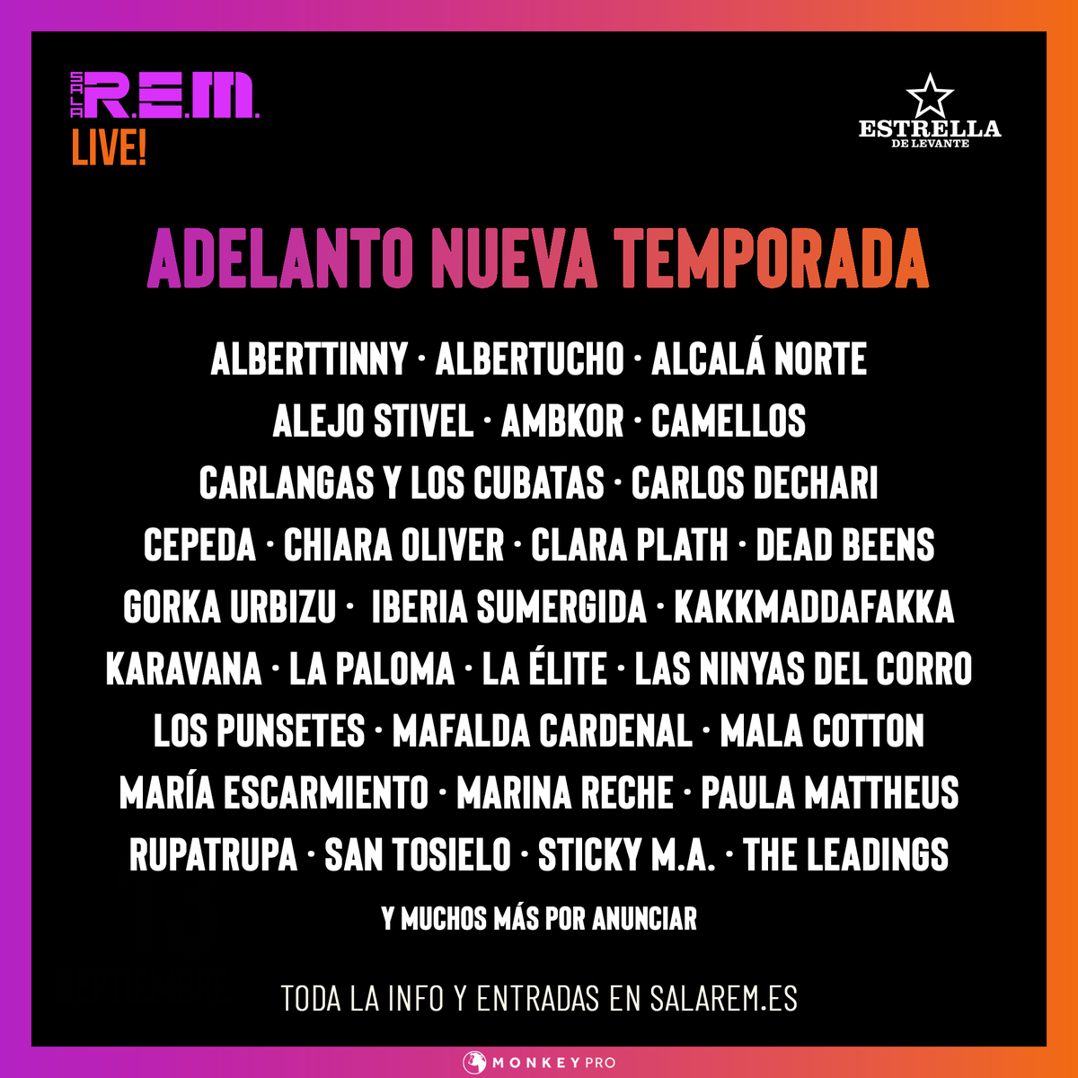 SalaRem's tweet photo. 🌹 SORTEO ADELANTO NUEVA TEMPORADA 🌹

¡Así va quedando nuestra nueva programación! Sorteamos 3 entradas dobles para tu concierto favorito.

➡ Sigue a @SalaRem.
➡ Haz RT a este tuit.
➡ Contesta comentando tu concierto favorito.

Info y entradas en https://t.co/ApmcznsBmC https://t.co/ll5ALFU1xm