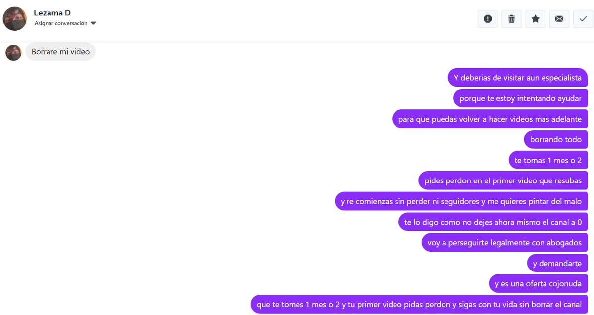 Dado que hay varios videos de Reacción, donde Lezama borro el Video, diciendo que temía por su vida por mi culpa y era Mentira.

Likeo la conversación con el que hizo que borrara los videos, para que vean, que no hice nada malo y que no soy ningun monstruo, es mas, le intente