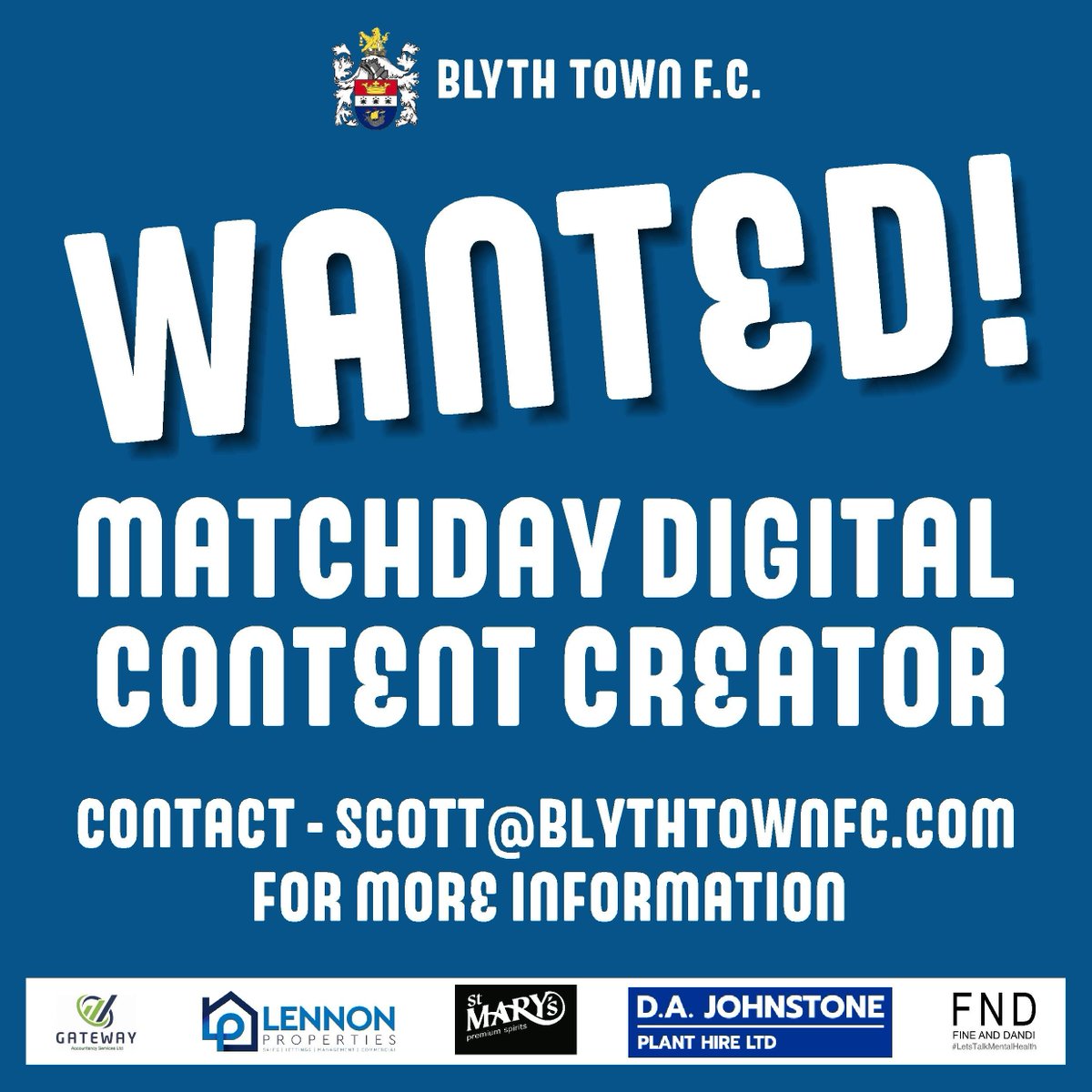 Blyth_TownFC's tweet photo. 𝗪𝗔𝗡𝗧𝗘𝗗 - 𝗠𝗔𝗧𝗖𝗛𝗗𝗔𝗬 𝗗𝗜𝗚𝗜𝗧𝗔𝗟 𝗖𝗢𝗡𝗧𝗘𝗡𝗧 𝗖𝗥𝗘𝗔𝗧𝗢𝗥

✔️ Match Previews
✔️ Pre Match Interviews
✔️ Post Match Interviews
✔️ Match Updates via X
✔️ Match Reports

Ideal for a media student looking for experience

Contact scott@blythtownfc.com for more info https://t.co/RPTckKSUmv