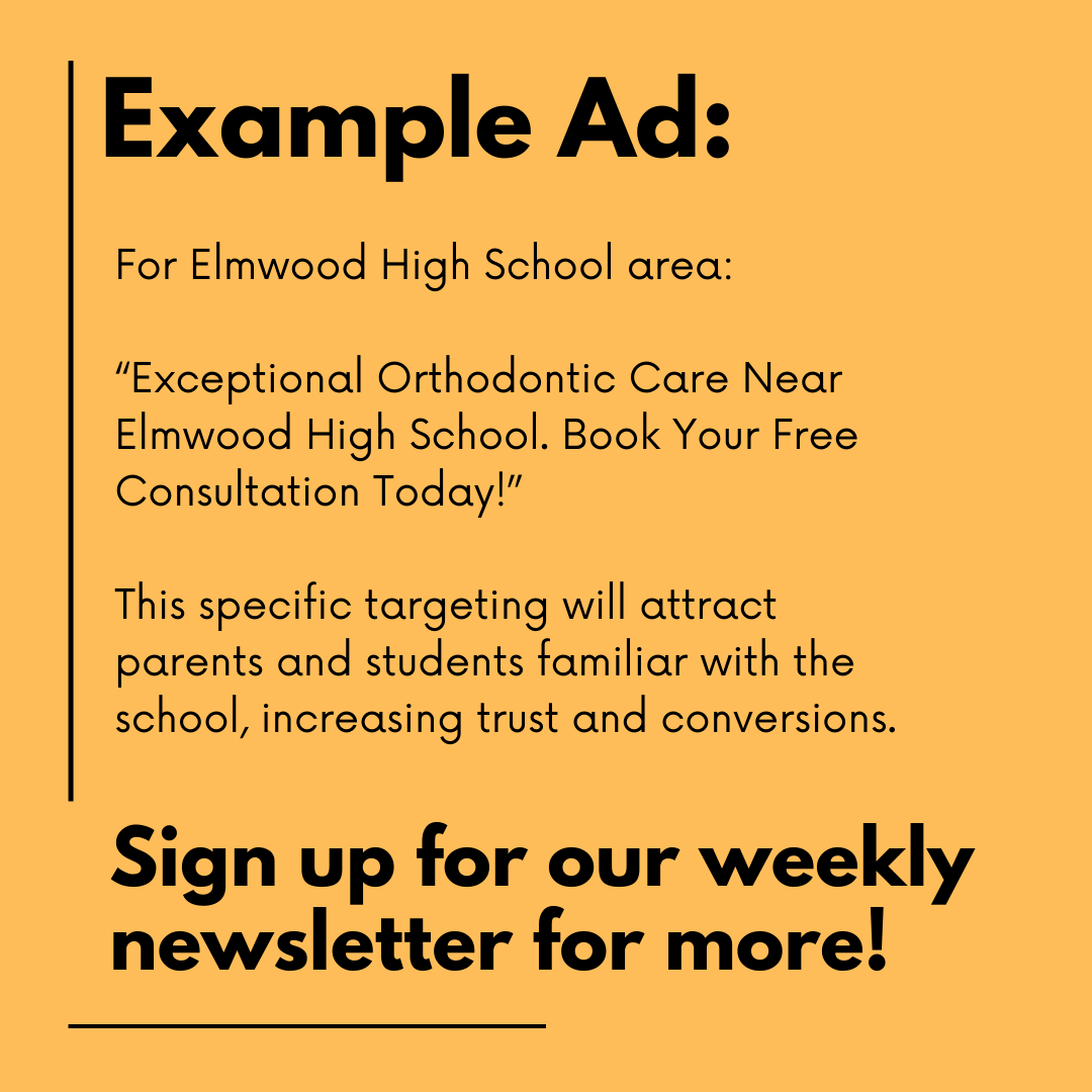 🚀 Ortho Marketing Tip No. 1: Get More Leads with Hyper-Local Google Ads!
Focus on your neighborhood, schools, and local landmarks to attract more patients. Use specific ad copy and optimize local keywords in your Google ads.
Sign up for our newsletter for more tips! 🦷✨