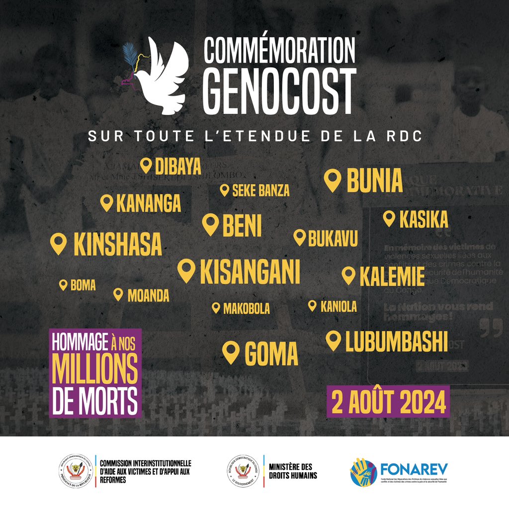 Dans tous les coins du pays, tous les congolais se réuniront afin de rendre un hommage digne à nos millions de morts. 

Nous n’oublions pas ! 🇨🇩

Partage et passe le mot ! 

#PlusJamaisSeuls #Fonarev #Genocost #RDC 
#HommageÀNosMillionsDeMorts