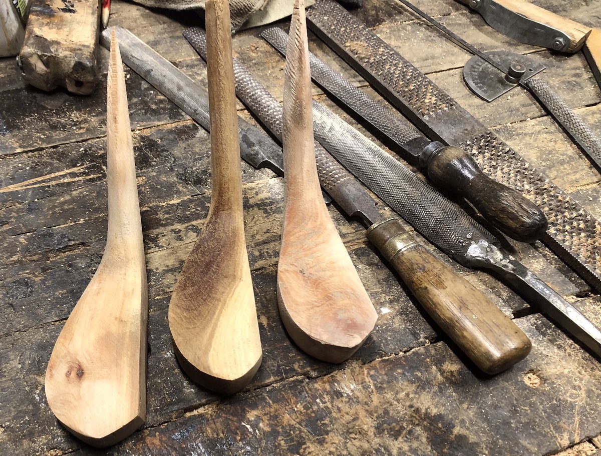 From ‘Big’ Tree Limbs,’Little’ Putter Heads come! Story of a ‘Long Nose Putter!’ I cut the heads out with a ‘handsaw’.I only got 1 head out of the limb pictured. So added 2 other ‘head blanks’ I’d cut years ago. ‘Shaft making’ day tomorrow! Oh, It takes 22 hours to make a putter!