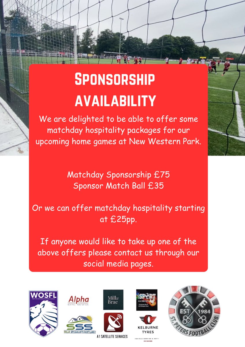 Sponsorship availability 

We still have availability for the upcoming season including this weekend against Saltcoats Victoria feel free to get in touch if you are interested 

#stpeters