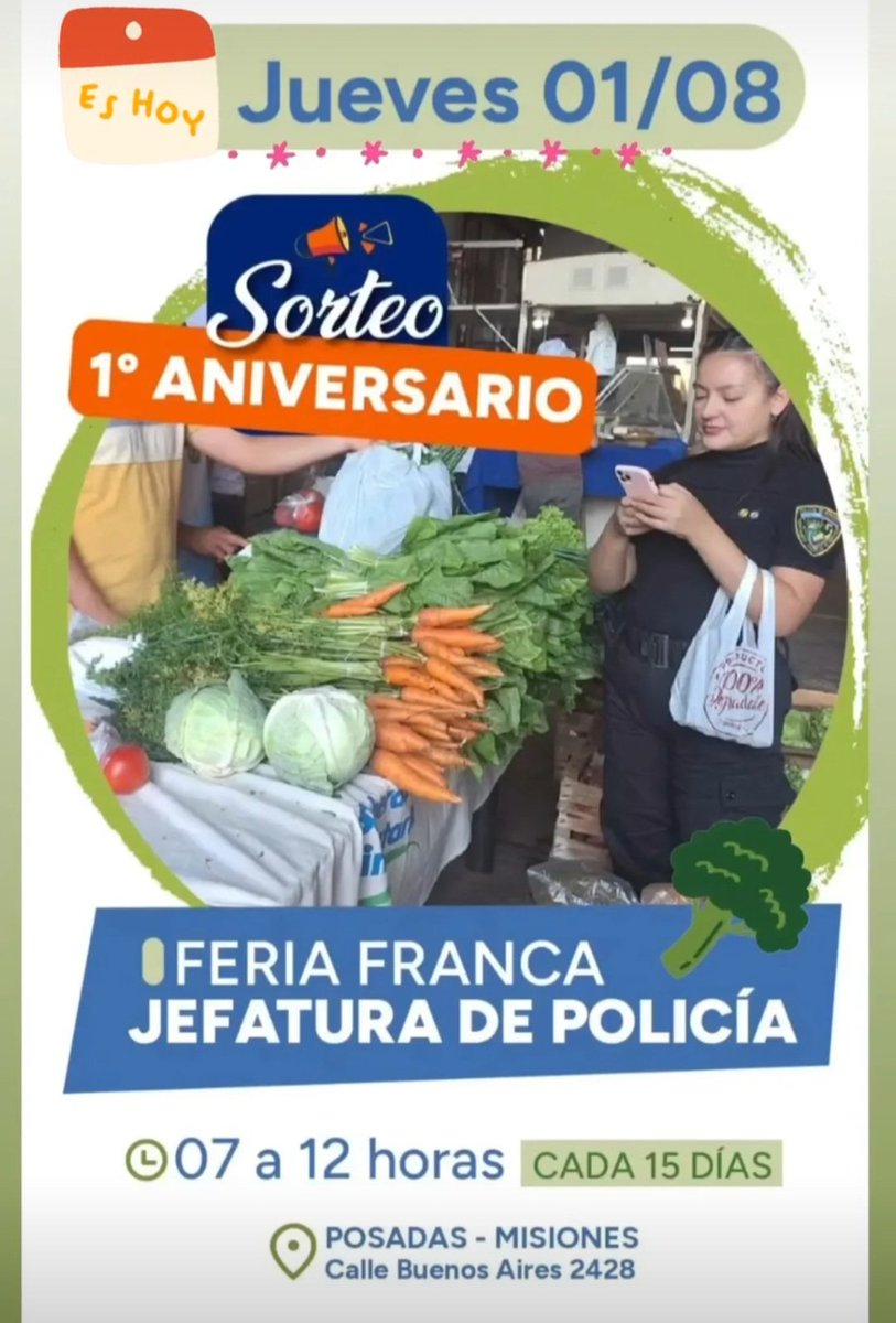 La feria franca de la Jefatura de Policía cumple 1 año y lo celebramos con cada vecino de Posadas! 
 Te esperamos en calle Buenos Aires 2428, hasta las 12:00 H.
Acercate y accedé a productos directos de las chacras misioneras.

<a href="/muniposadas/">Ciudad de Posadas</a> 
<a href="/LaloStelatto/">Lalo Stelatto</a>