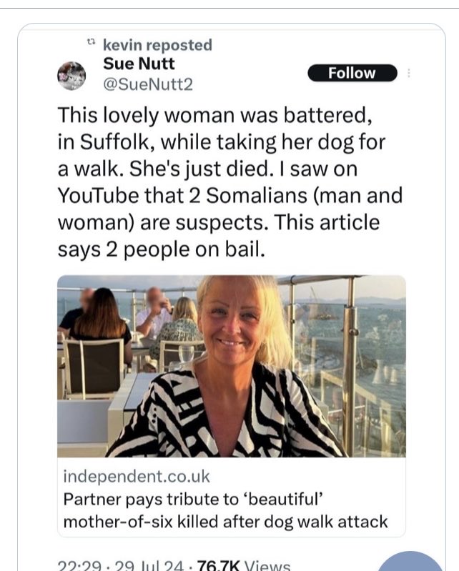 GlynisSonn17's tweet photo. ⁦@Keir_Starmer⁩ ⁦@YvetteCooperMP⁩ . This lady was just out walking her dogs in the English countryside and got MURDERED by 2 Somalians not a week ago.
NOT A SINGLE WORD HEARD SINCE ??
GET THESE FUCKING SAVAGES OUT OF OUR COUNTRY NOW !!! https://t.co/yPgM3QuL7i