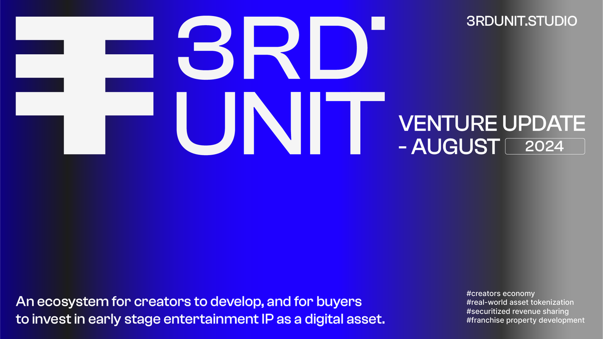 3rdunitstudios's tweet photo. 3RD UNIT Company Update! August 2024.
โ Our first "Creative IP Tokenization" #industry #map is now live! This is the beginning of a series of educational content we aim to release over the coming months. Stay tuned for the next installment: "#GenerativeAI for #Worldbuilding"!
โ We're preparing to launch our new website in early September. The site will showcase our expanded #valueproposition, introduce our team, and provide a teaser of our first (pilot) intellectual properties. Additionally, we'll release our #litepaper offering deeper insights into our operational philosophy and #businessmodel.
โ We've been engaging with numerous industry players active in #asset #tokenization, #fintech venture building, entertainment IP development, and #IPFi infrastructure. The general excitement is palpable as everyone seeks to find the next #killerproduct and onboard the next wave of consumers.
โ We've presented to several #Investment #Committees within early-stage venture capital and accelerator programs as we plan the next stage of our growth. These promising conversations are paving the way for us to move from planning to execution. But first, we're working tirelessly to develop and release the next versions of our product!
โ Rania Ahmed E represented us at the #Ethereum @EthCC conference in Brussels, where she connected with IP #onchain #tokenization #builders and engaged with the #BlockchainForGood community, identifying key opportunities for collaboration and application.
โ ย Our #recruitment search for the next phase of our venture has been positively overwhelming. We've been looking at suitable talent for roles in engineering, IP scouting, generative AI production, and fintech/entertainment law. We've received over 1500 applications and are now engaging in early stage conversations with potential candidates.
โ @lukaszalwast (Co-founder, CEO) will be attending the @la_Biennale di Venezia 2024 at the end of August, participating in the #VeniceProductionBridge and #VeniceImmersive events focused on cinematic and immersive entertainment IP. Are you attending? Get in touch!
Next updates coming soon!
Want to know more? Follow us on:
Telegram - https://t.co/VHgjXc3Gqg
Instagram - https://t.co/VJXVdcnxp5
Linkedin โ https://t.co/t1u9KFO8yt
Twitter โ https://t.co/1Aa0Qw6FBA