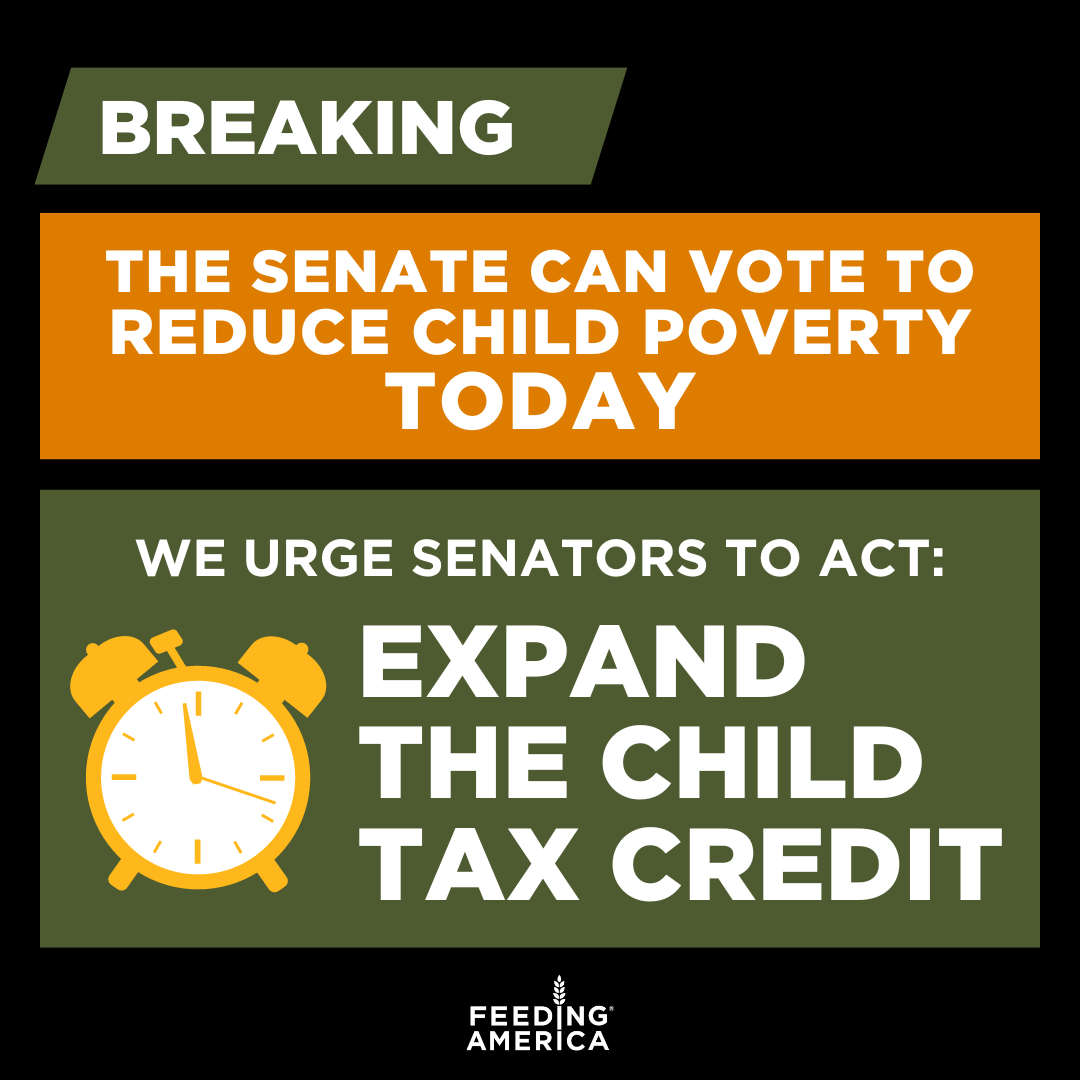 FeedingAmerica's tweet photo. The #ChildTaxCredit improvements already passed in the House would strengthen a proven tool to help millions more children thrive. The Senate plans to vote TODAY on the bipartisan tax legislation with #CTC expansion. 

We urge @SenateDems and @SenateGOP to VOTE YES! ⏳ https://t.co/4bMF4bNSMh