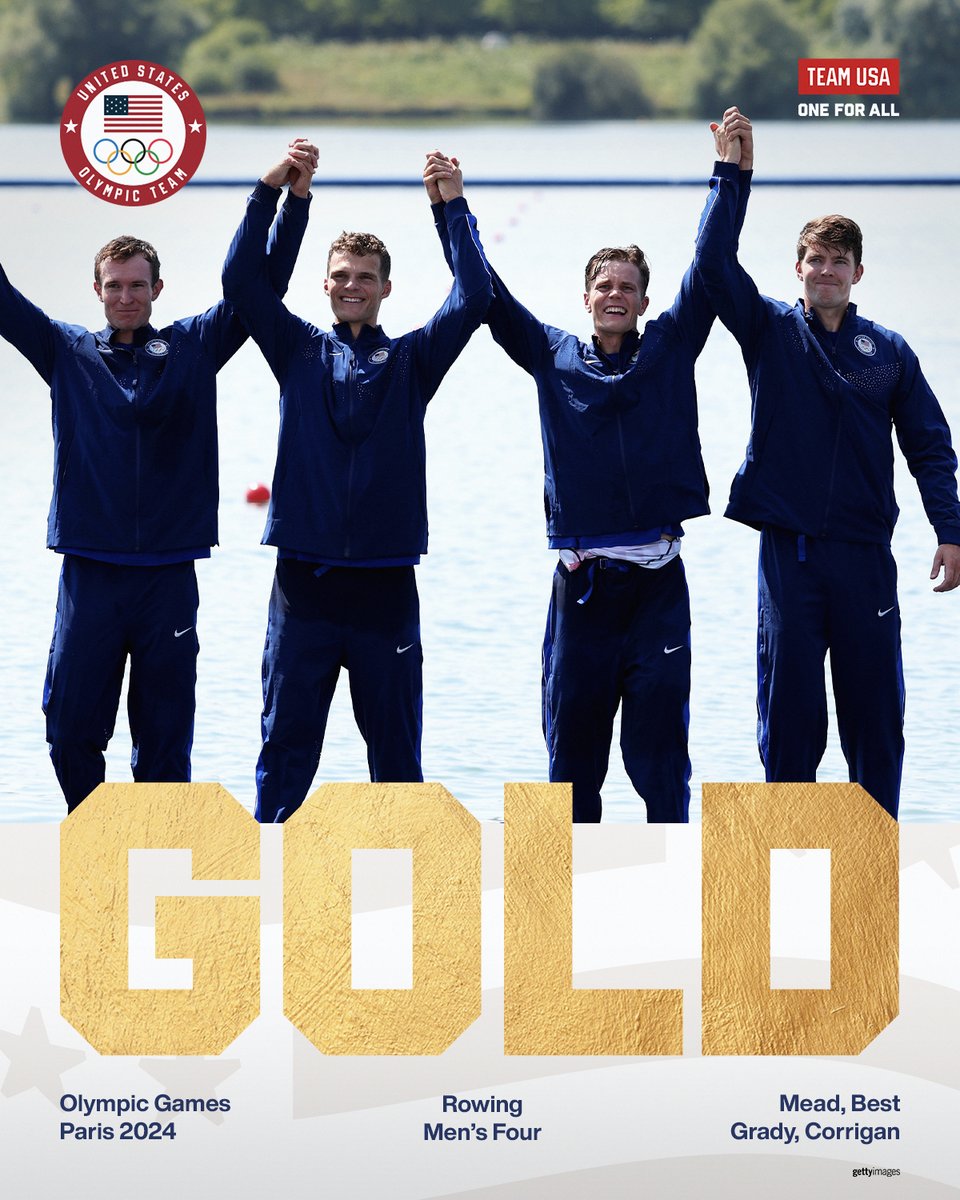 TeamUSA's tweet photo. ROWING TO GOLD 🇺🇸🥇

Team USA is back on the podium in the men's fours for the first time since 2012!

#ParisOlympics https://t.co/YVkUJv1N9w