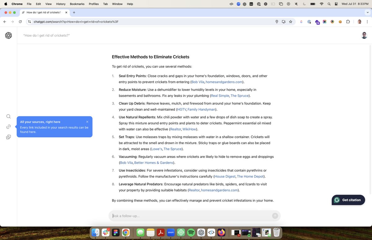 #SearchGPT is ChatGPT with better links and improved source attribution. This is great news!

We know they want to keep us on the platform (like everyone else), but they're offering a good level of content transparency.

Also, please LMK if you know how to get rid of crickets 🦗