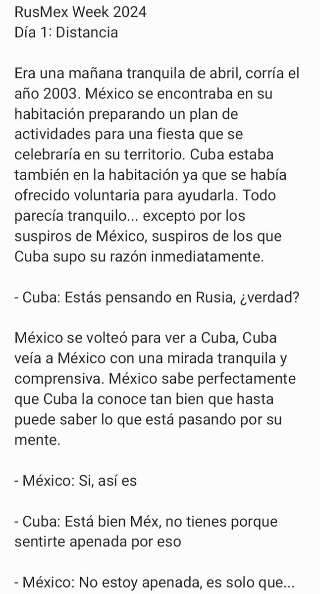 nadina0041's tweet photo. Esta es la primera vez que participo en un @week_country, pero espero que les guste esta historia
Esta historia no tiene ningún propósito político y no tiene nada que ver con lo que está pasando actualmente
RusMex Week 2024
Día 1: Distancia
#rusmexweek #rusmexweek2024 #saverusmex https://t.co/huXiaDbsNe