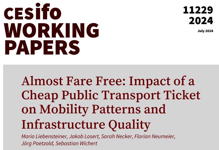Almost Fare Free: Impact of a Cheap Public Transport Ticket on Mobility Patterns and Infrastructure Quality | Mario Liebensteiner, Jakob Losert <a href="/SarahNecker/">Sarah Necker</a>  Florian Neumeier <a href="/JorgPaetzold/">Jörg Paetzold</a>  Sebastian Wichert
#econtwitter cesifo.org/en/publication…