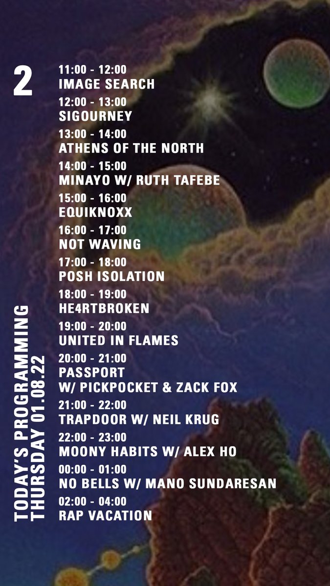 NTS Radio (@ntslive) on Twitter photo Today on NTS π§΅
@rossallenmusic <a href="/gregorywawa/">gregory dj wawa</a> <a href="/ScaryThingsLDN/">π¦ β</a> <a href="/LoJamMusic/">Loraine James // Whatever The Weather</a> <a href="/GRANDMIXXER/">GRANDMIXXER</a> <a href="/Equiknoxx_Music/">Equiknoxx Music</a> <a href="/NOTWAVINGG/">Not Waving</a> <a href="/mmmmalibu/">πu</a> <a href="/zackfox/">Zack Fox</a> <a href="/pickpocketparty/">kat</a> <a href="/nobellsblog/">no bells π</a> Today on NTS π§΅
@rossallenmusic <a href="/gregorywawa/">gregory dj wawa</a> <a href="/ScaryThingsLDN/">π¦ β</a> <a href="/LoJamMusic/">Loraine James // Whatever The Weather</a> <a href="/GRANDMIXXER/">GRANDMIXXER</a> <a href="/Equiknoxx_Music/">Equiknoxx Music</a> <a href="/NOTWAVINGG/">Not Waving</a> <a href="/mmmmalibu/">πu</a> <a href="/zackfox/">Zack Fox</a> <a href="/pickpocketparty/">kat</a> <a href="/nobellsblog/">no bells π</a>