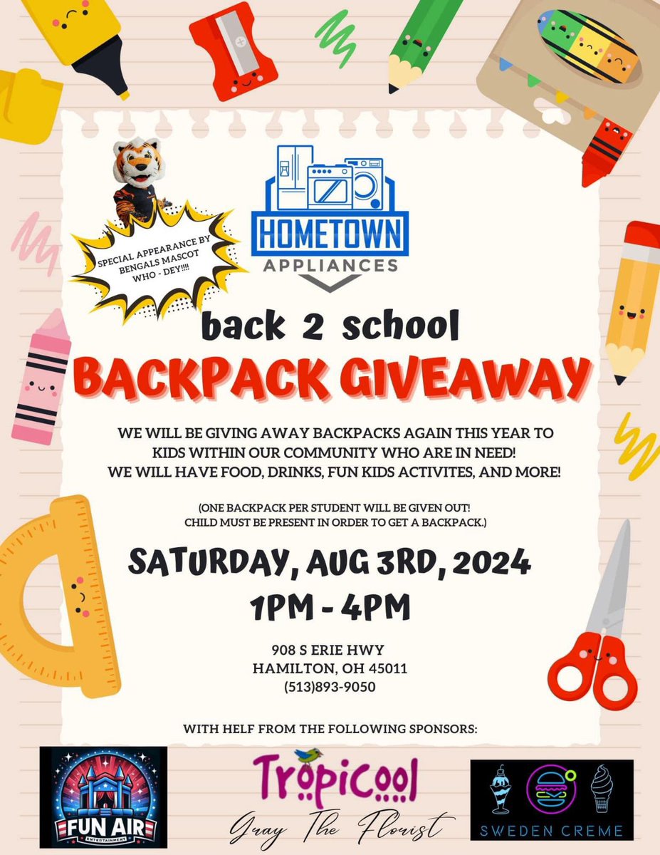Check out this great opportunity put on by community partners, Hometown Appliances.  Put it on your 📆calendar for this Saturday!

Get a free backpack 🎒 and celebrate the back-to-school season with food, drinks, and fun activities.

#proud2bcesc #communitysupport