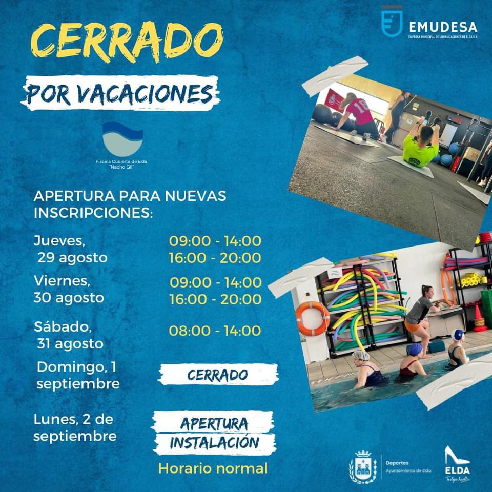 ELDA_PISCINA's tweet image. 😎 En Piscina Cubierta Nacho Gil nos vamos de vacaciones 😎

➡️ Volvemos el 29 de agosto para nuevas inscripciones ☺️

⬇️⬇️ Os dejamos toda la información en la imagen.

¡Feliz verano!

☀️ Recordad que este mes de agosto podéis disfrutar de las piscinas de San Crispín.