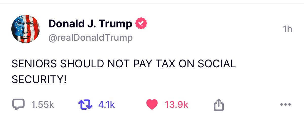 kelnole's tweet image. Yesterday Trump posted this on Truth.
Do you know how monumental this would be to seniors. After all, Joe Biden and the Democrats were responsible for taxes on Social Security.

#NoTaxesOnSocialSecurity 
#NoTaxesOnTips