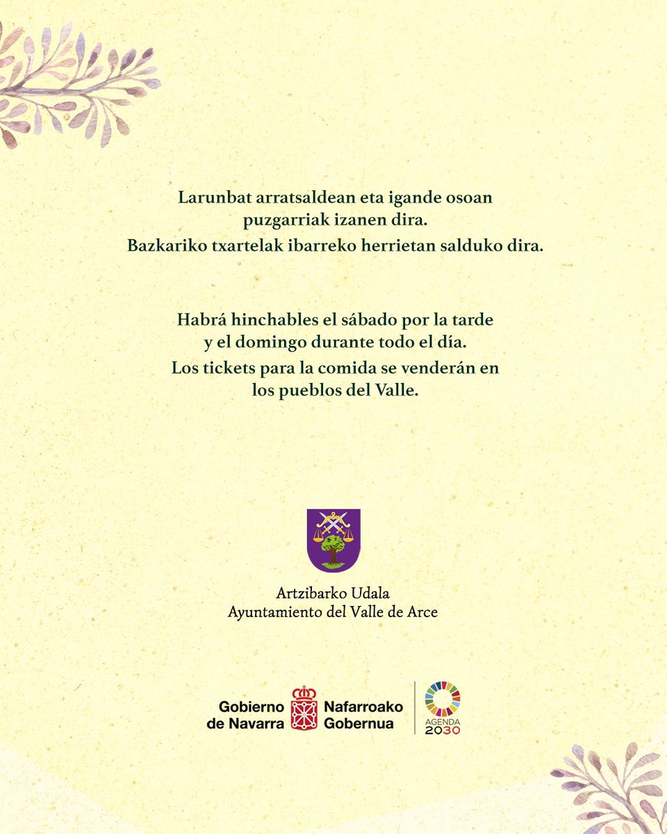 valledearce's tweet photo. 🌼Asteburu honetan #Artzibar|ko eguna! Zatoz!!
🌼Este fin de semana Día del Valle de Arce! ¡Anímate! https://t.co/fWKra5t9Wa