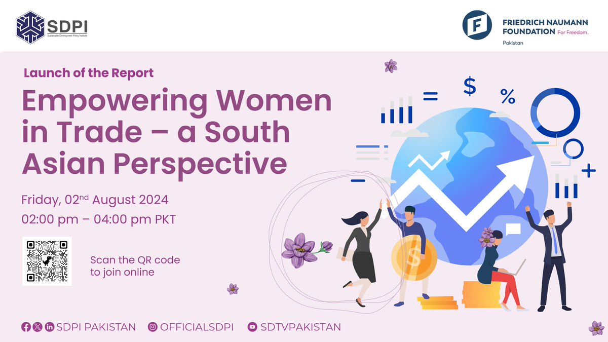 SDPI (@sdpipakistan) on Twitter photo 📢 Announcing the launch of our latest report: "Empowering Women in Trade - A South Asian Perspective" in collaboration with <a href="/FNFPakistan/">FNFPakistan</a> 🌏💼
📅 Friday, 2nd Aug, 2024
🕒 2-4pm PKT
🔗bit.ly/3WOAPDd
Join us as we explore the unique challenges and opportunities for 📢 Announcing the launch of our latest report: "Empowering Women in Trade - A South Asian Perspective" in collaboration with <a href="/FNFPakistan/">FNFPakistan</a> 🌏💼
📅 Friday, 2nd Aug, 2024
🕒 2-4pm PKT
🔗bit.ly/3WOAPDd
Join us as we explore the unique challenges and opportunities for