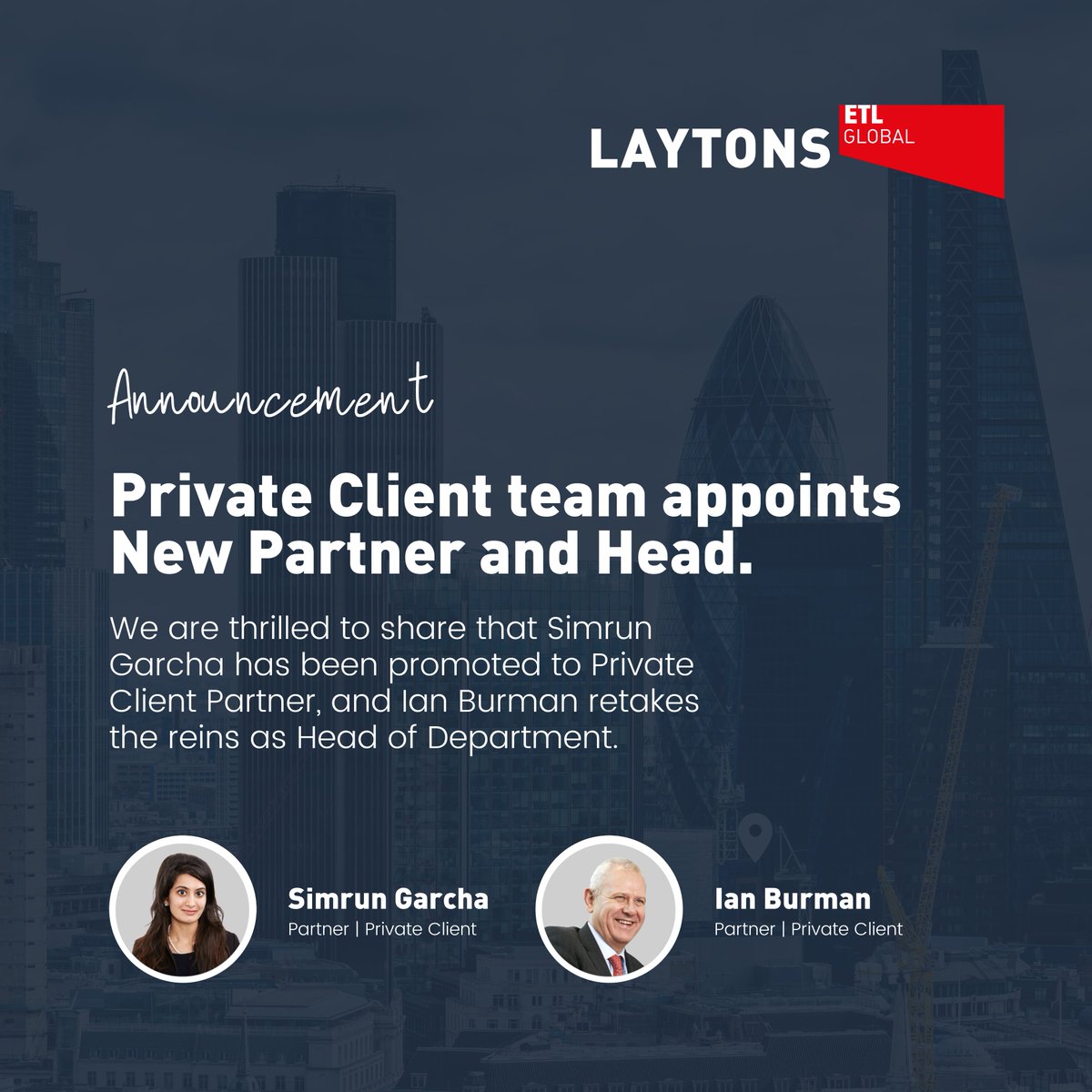 Exciting changes within our Private Client department…💫

Simrun Garcha has been appointed Partner while Ian Burman, Partner, is re-taking the reins as Head of our Private Client Department.

Take a look ➡️lnkd.in/efT-Zs3K

#promotion #partner #privateclient #londonlegal